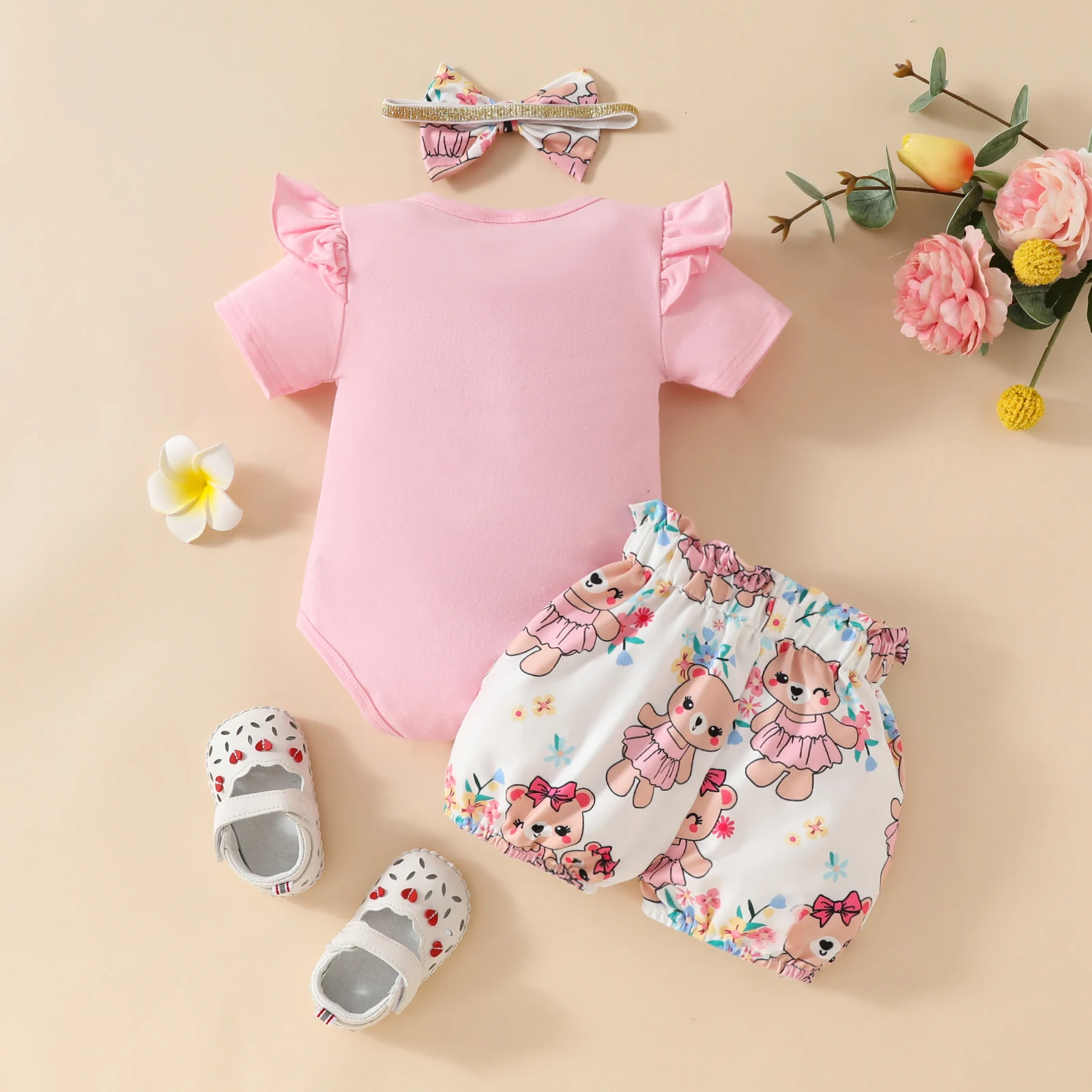 0-2Years Newborn Baby Girl Daily Clothes Set Cartoon Bear Short Sleeve Romper + Shorts with Headband Summer Lovely 3PCS Outfit 0