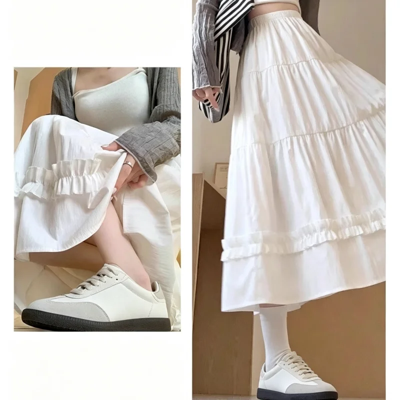 2026 Frühling Sommer Koreanischer Stil Mehrstufiger Rüschen-Fransen-Midirock für Damen mit Elastischer Taille A-Linie Vielseitiges Design Halbrock – Detail 5