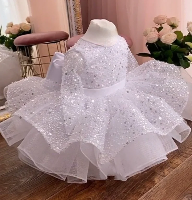 White Fluffy Infant Toddler First Birthday Dress Tutu Outfit Full Sleeves Glitter Tulle Gown with Bow