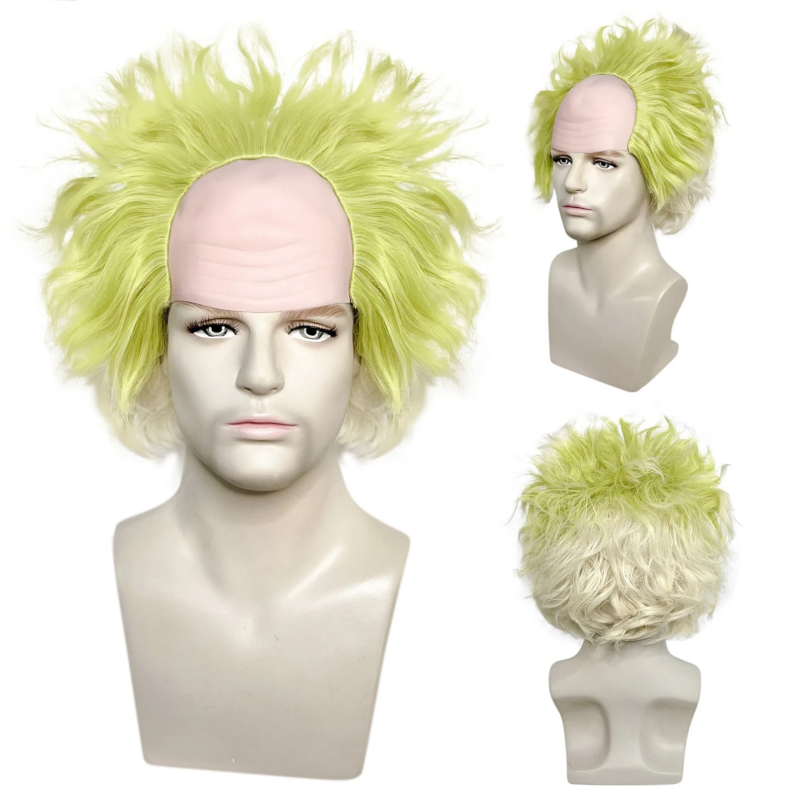 

8inch Short Green Wavy Half Bald Old Man Cosplay Synthetic Wig for School Halloween Christmas Costume