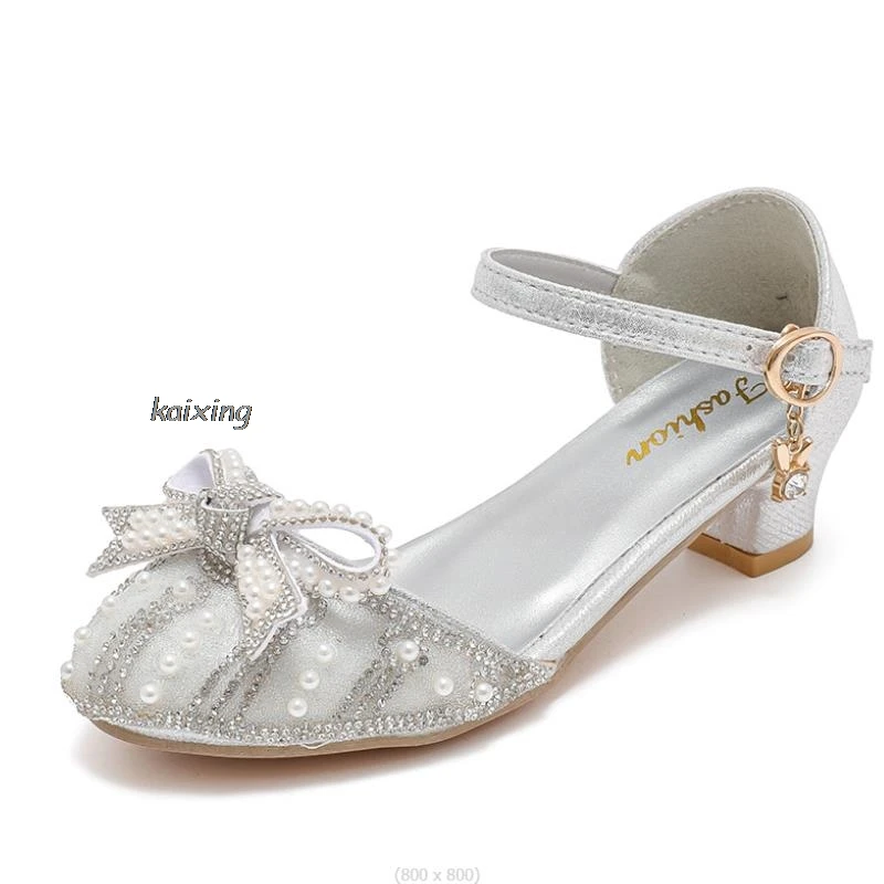 Little Girls Rhinestone Bow High-Heeled Sandals Princess Dancing Summer Pu Leather Shoe Big Girl 3 4 5 6 7 8 9 10 11 12 Year Old