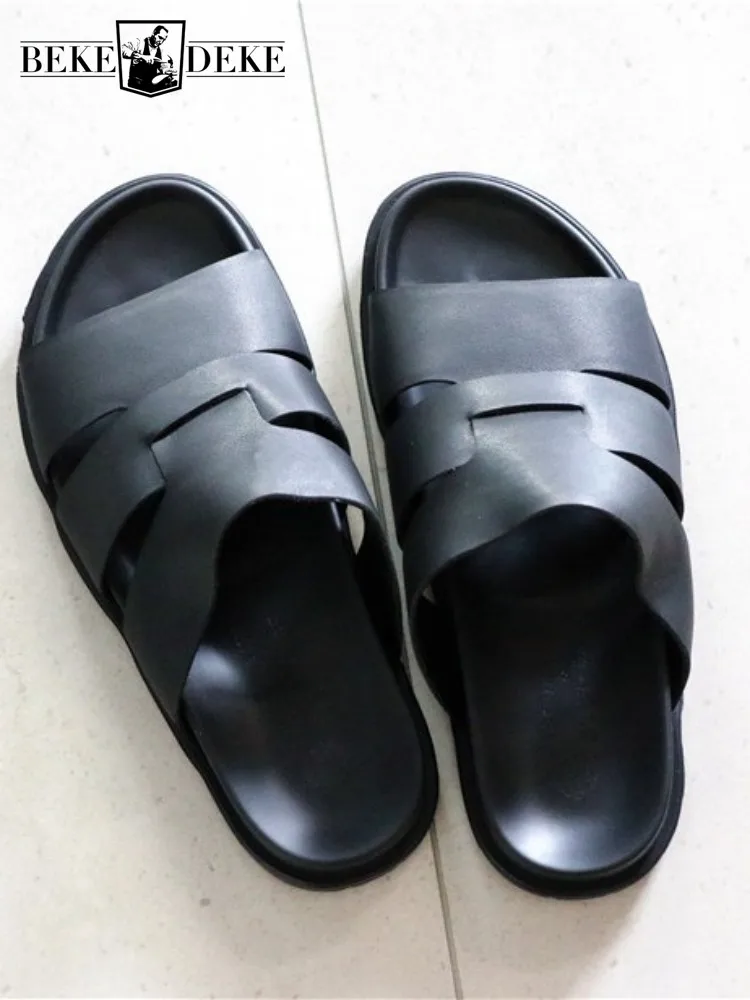 Concise Male Solid Color Genuine Leather Open Toe Platform Slippers Fashion Hard Wearing Slip On Cowhide Summer Footwear
