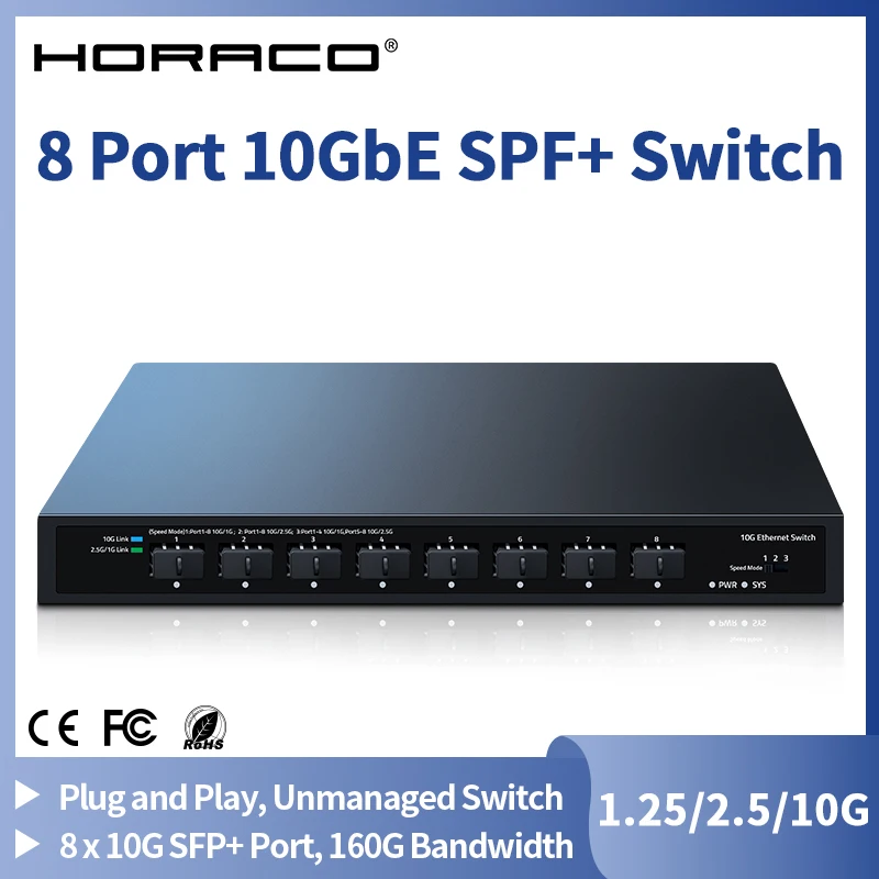 HORACO 10Gbe SFP+ イーサネットスイッチ 8 ポート 10000Mbps 光 SFP+
