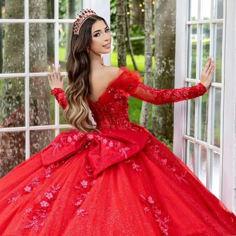 사용자 정의 럭셔리 반짝 이는 빨간색 긴 소매 Quinceanera 드레스 스팽글 아플리케 레이스 3D 꽃 활 vestidos de 15 Quinceanera ﻿