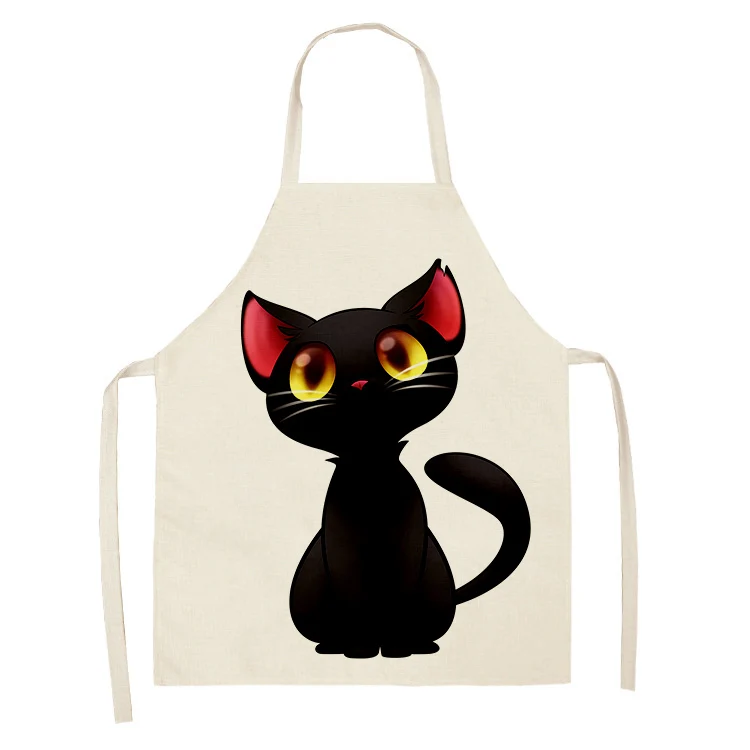 1Pcs Black Cute Cat Pattern Kitchen Sleeveless Aprons Cotton Linen Bibs 55*68cm Household Women Cleaning Pinafore Home Cooking