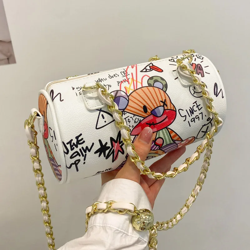 2023 new Cartoons Graffiti Cylindrical Pu Leather Zipper Crossbody Bags For Women Chain Shoulder Handbags And Purses Lady