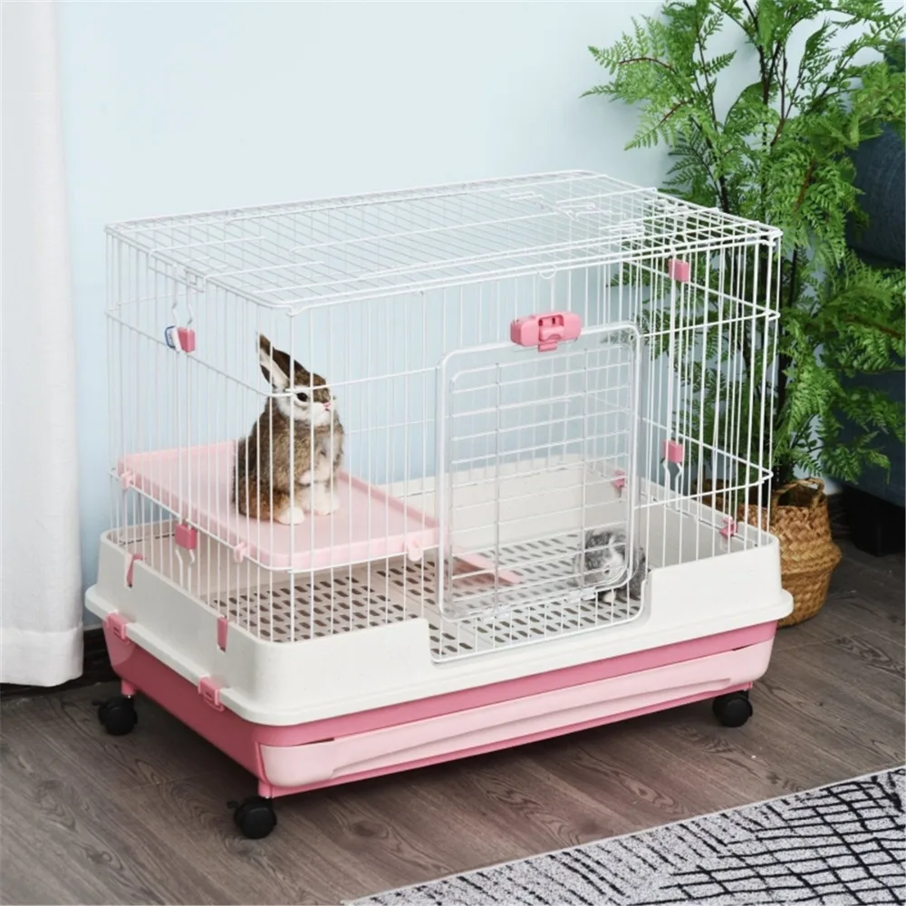 

Pink Deluxe Small Pet Cage with Ramps & Removable Tray - Safe 0.95" Bar Spacing for Rabbits, Chinchillas & Guinea Pigs