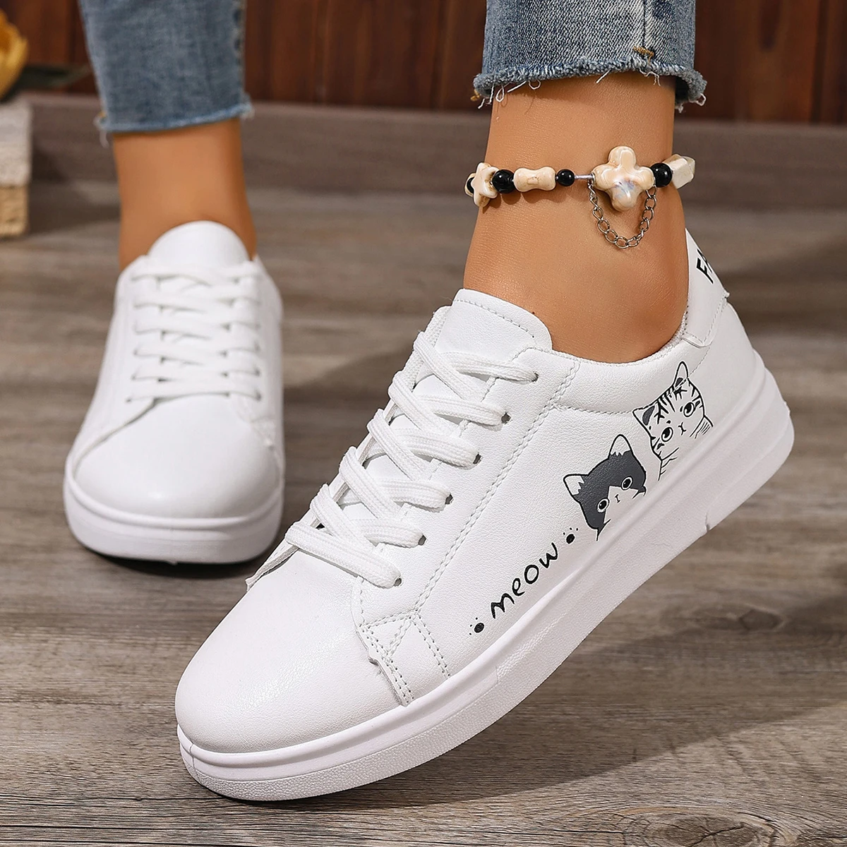 Women Sneakers Fashion Breathble Vulcanized Shoes Fashion Cute Cat Cartoon Lace Up Casual White Women‘s Shoes - view 3