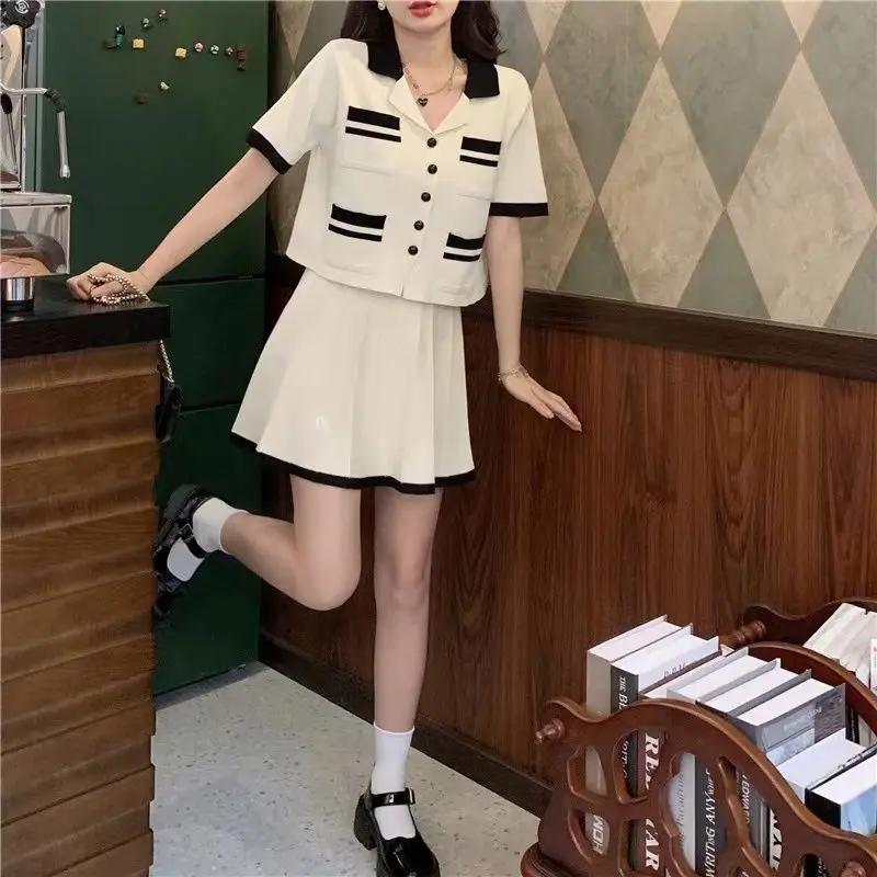 Two Piece Set Korean Matching Sets Summer V-Neck Single-breasted Women\'s Clothing Fashion Pockets Spliced A-Line Skirts Sets New