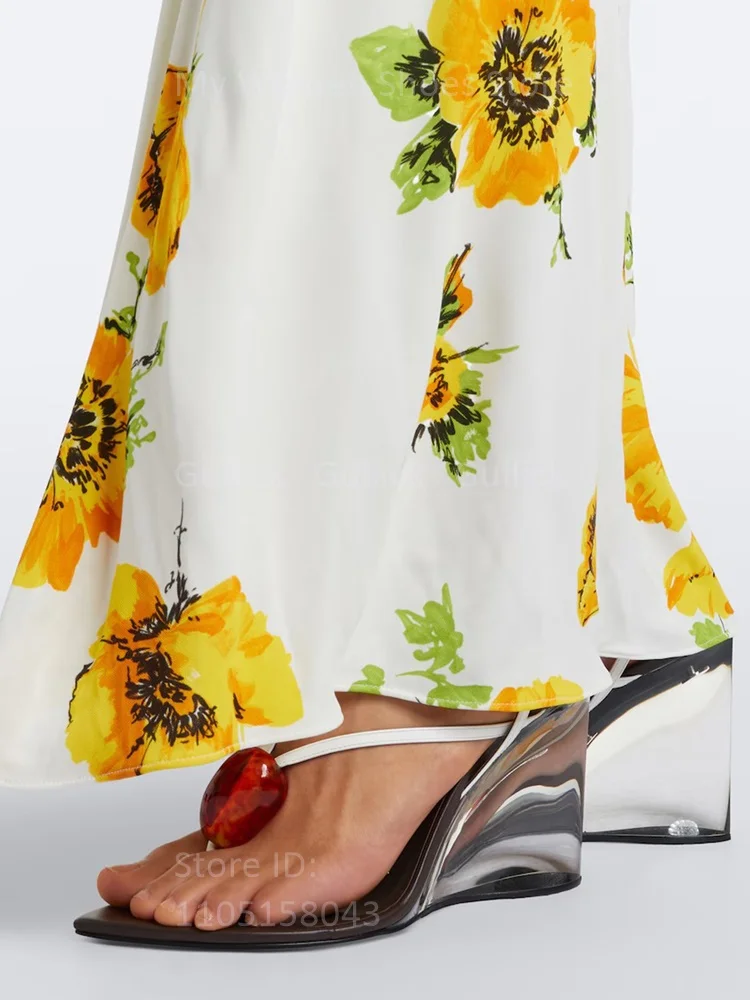 Sandals Pointy Toe Transparent Heel Green Gemstone Flip Flop Wedges Ankle Buckle Strap Runway 2026 Summer Women Dress Shoes