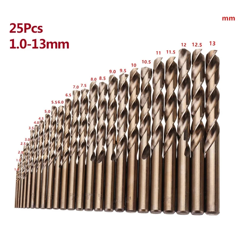 25Pcs 1-13mm M35 HSS-Co Cobalt Straight Shank Twist Drill Bits Set Metal Drilling Hole For Wood Stainless Steel Iron Aluminum