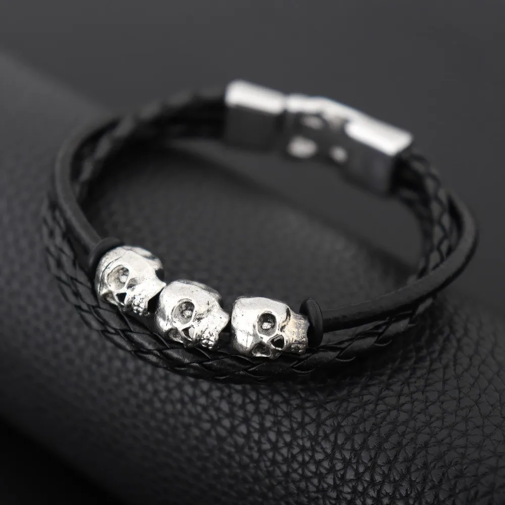 Cool Skeleton Skull Leather Bracelet Men\'s Stainless Steel Punk Rock Gothic Charm Woven Multilayer Bracelet Men\'s Jewelry Gift
