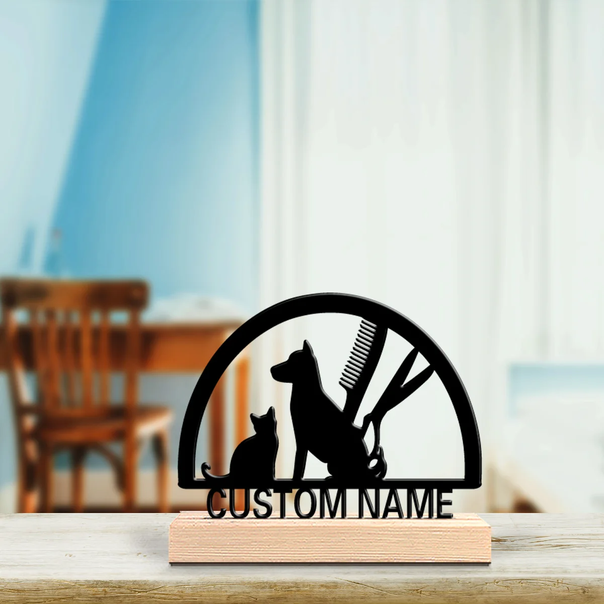1pc Fun Personalized Custom pet grooming Metal Statues Wooden Base Bar Decor for Kitchen Dining Room Modern Rustic Themes