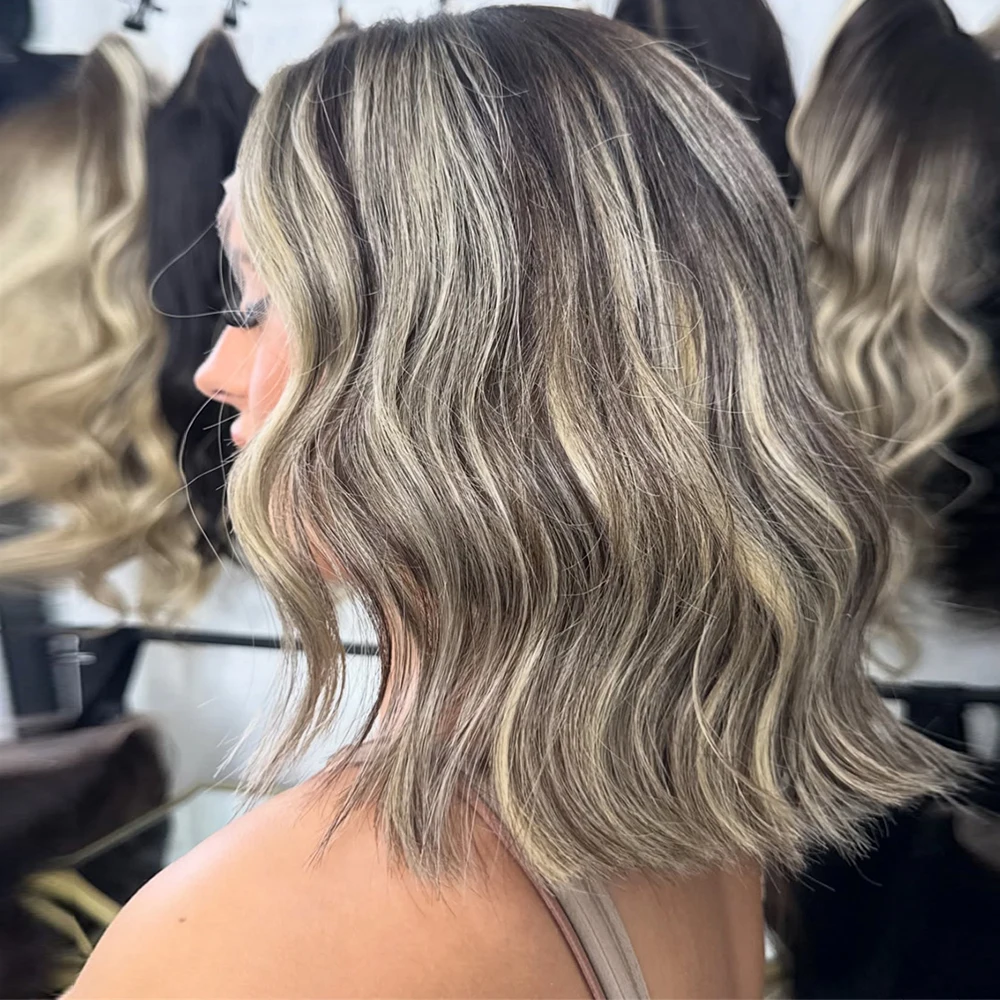 

Natural Wave Virgin Human Hair Wig Cool Ash Blonde Light Balayage 13x4 Lace Frontal Wig Glueless Short Bob Dark Roots for Women