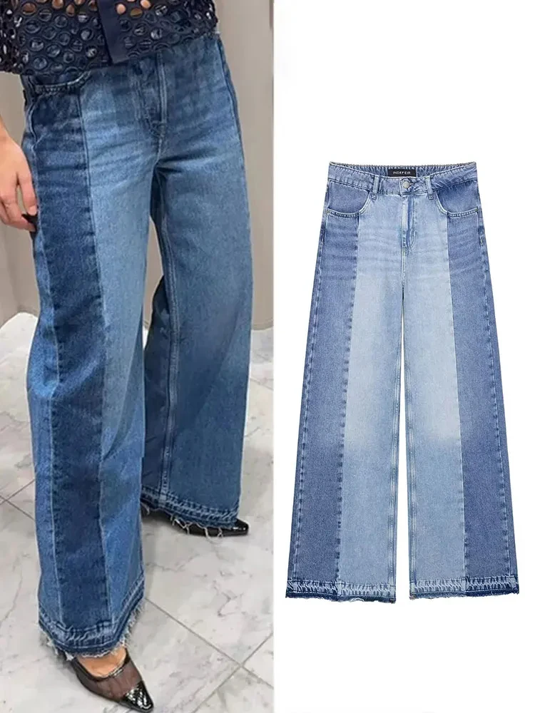 

HH 2025 Summer Women's Fashionable Spliced ​​loose Wide-foot Jeans Retro High Neck Pocket Decoration Women's Streetwear Y2K