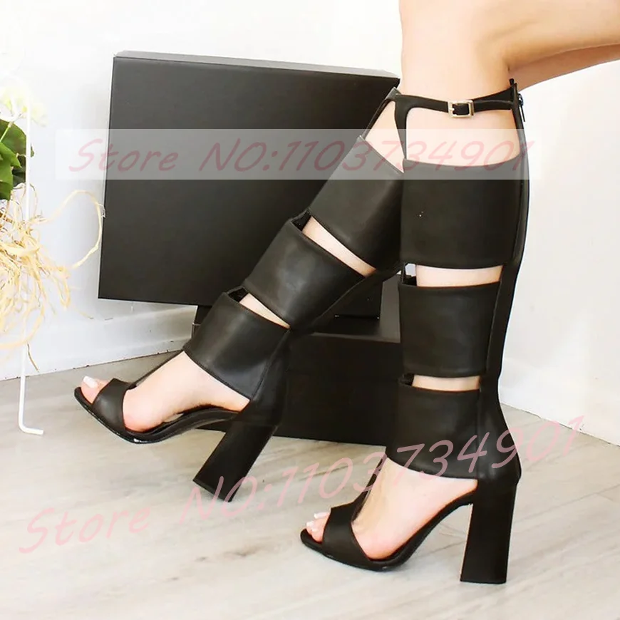 

Chunky Heels Cutout Gladiator Sandals Women Fashion T-Bar Open Toe Black Leg Wrap Knee High Sandals Female Edgy-Chic Footwear