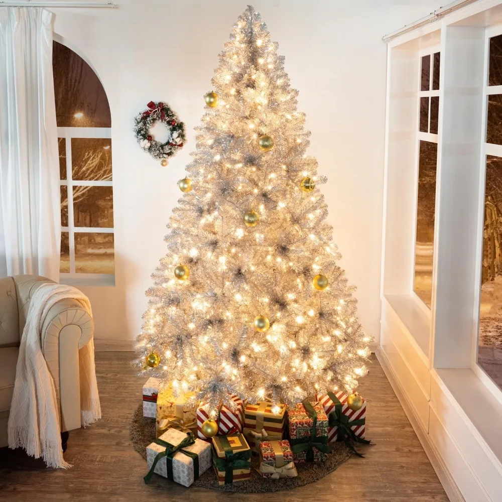 

7.5ft Silver Christmas Tree with 600 Warm Lights,Prelit with 1412 Branch Tips, Unique Colored Metal Stand Christmas Trees.