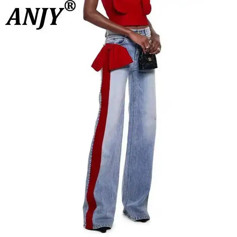 ANJY Autumn New Women Trendy Jeans Side Bowknot Contrast Color Patchwork Denim Temperament Stylish Versatile Casual Pants A10063