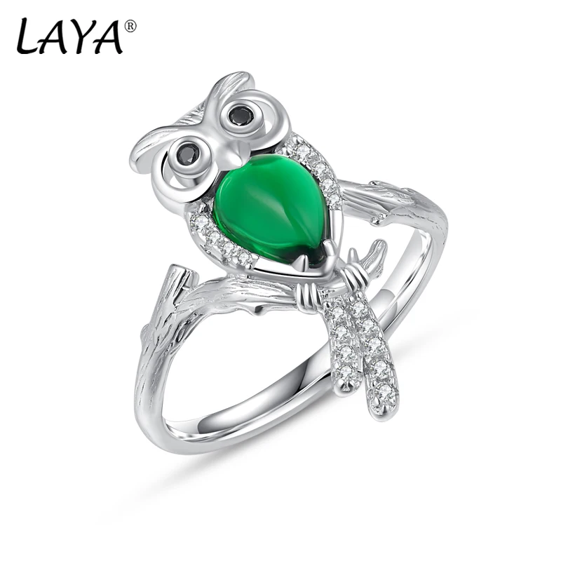 

LAYA 100% 925 Sterling Silver Finger Ring For Women Synthetic Green Crystal Creative Owl Animal Handmade Original Fine Jewelry