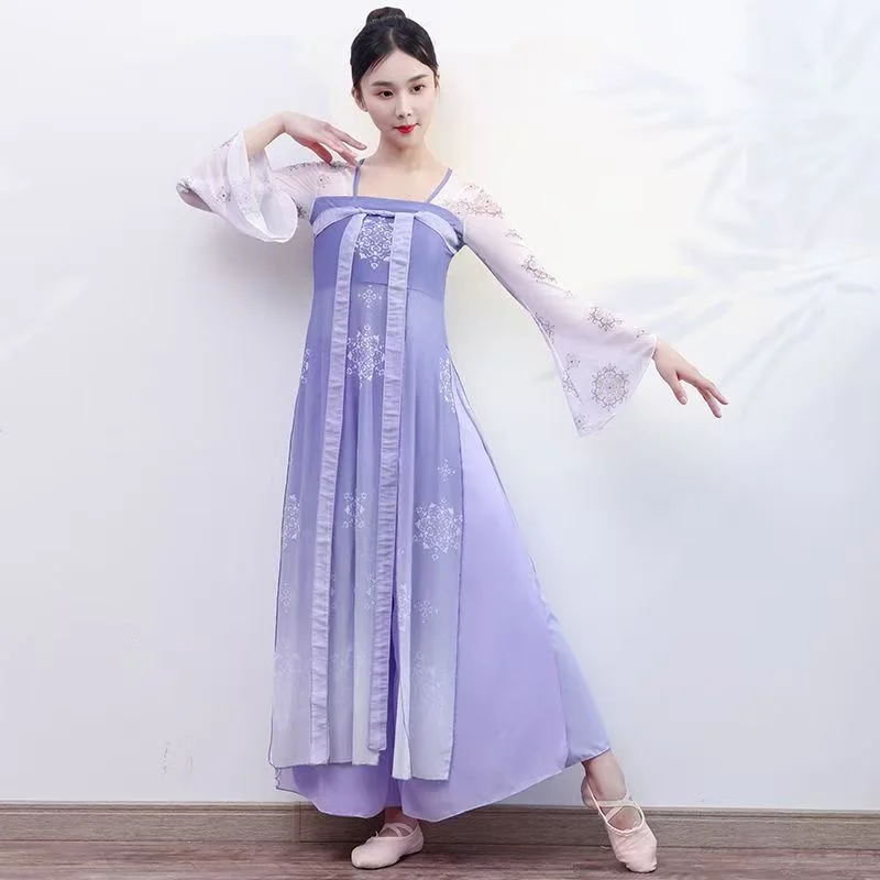 Klasyczny kostium taneczny dla kobiet dynastii Han Tang w stylu chińskim strój sceniczny pokaz występów elegancka długa sukienka do ćwiczeń z siateczki
