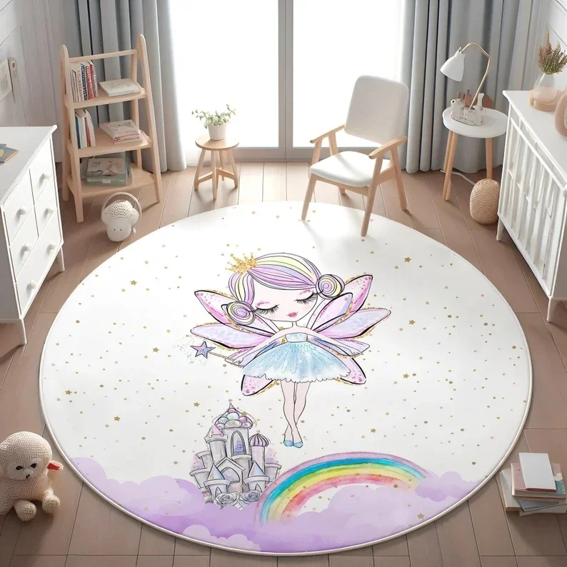 Fantasy Art Floor Round Mat Fairy Rainbow Castle Theme Pattern Decor Mat For Bedroom Cozy Home Floor Decoration