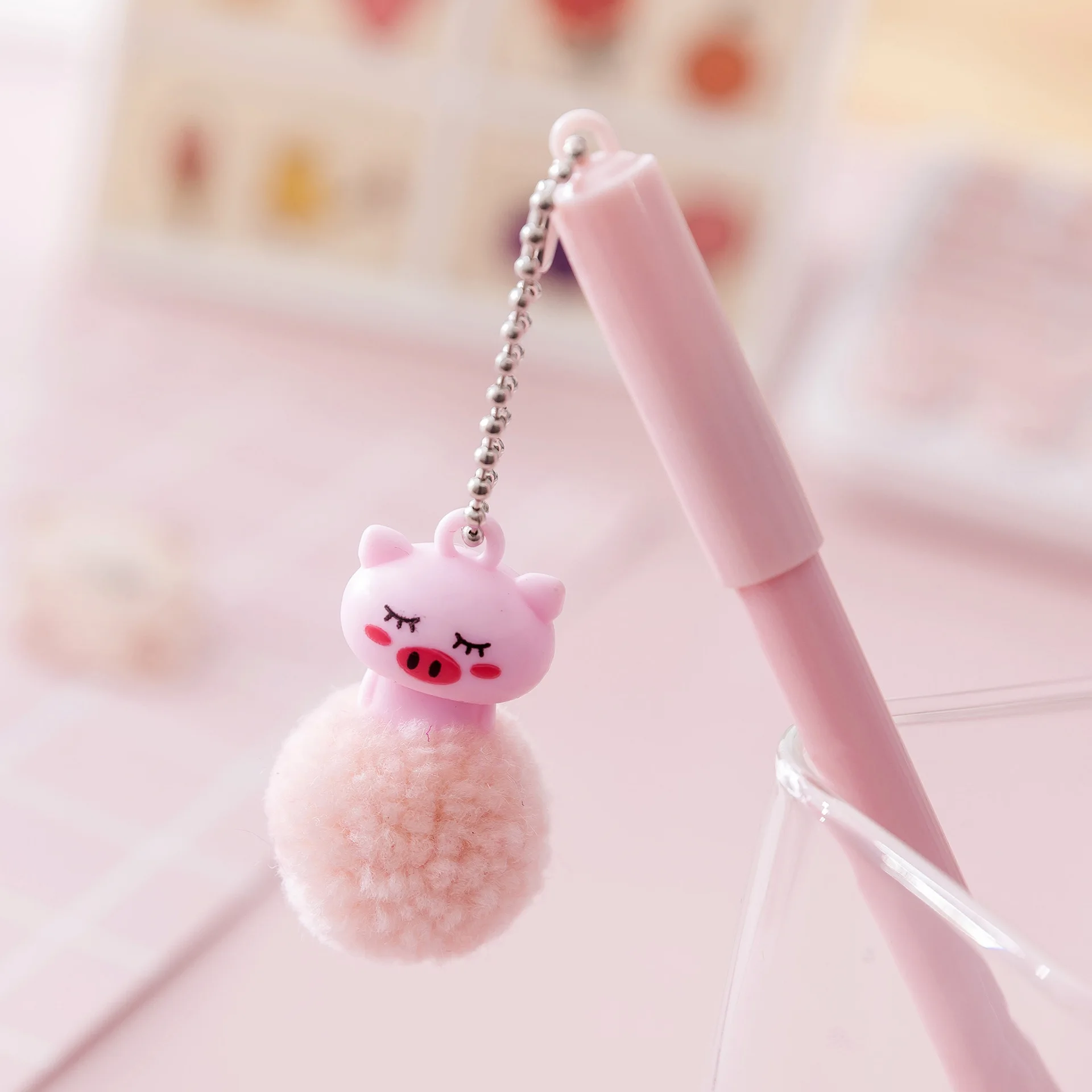 24 Pcs Wholesale Girly Heart Gel Pen Wholesale Creative Hairball Pendant Signature Pens Black Student Cute Net Red Pendant Pen