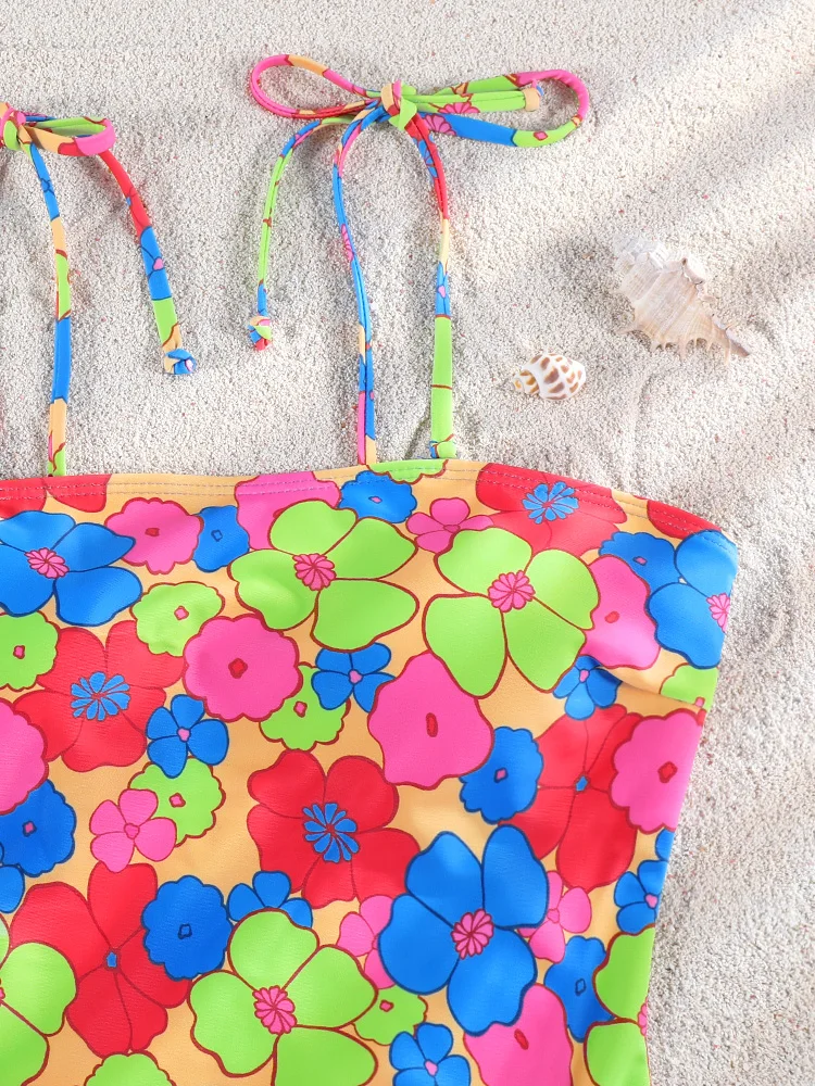 High Cut Swimwear Bandage One Piece Suits Pleated Swimsuit Women 2026 Floral Print Bathing Suit Patchwork Summer Beachwear