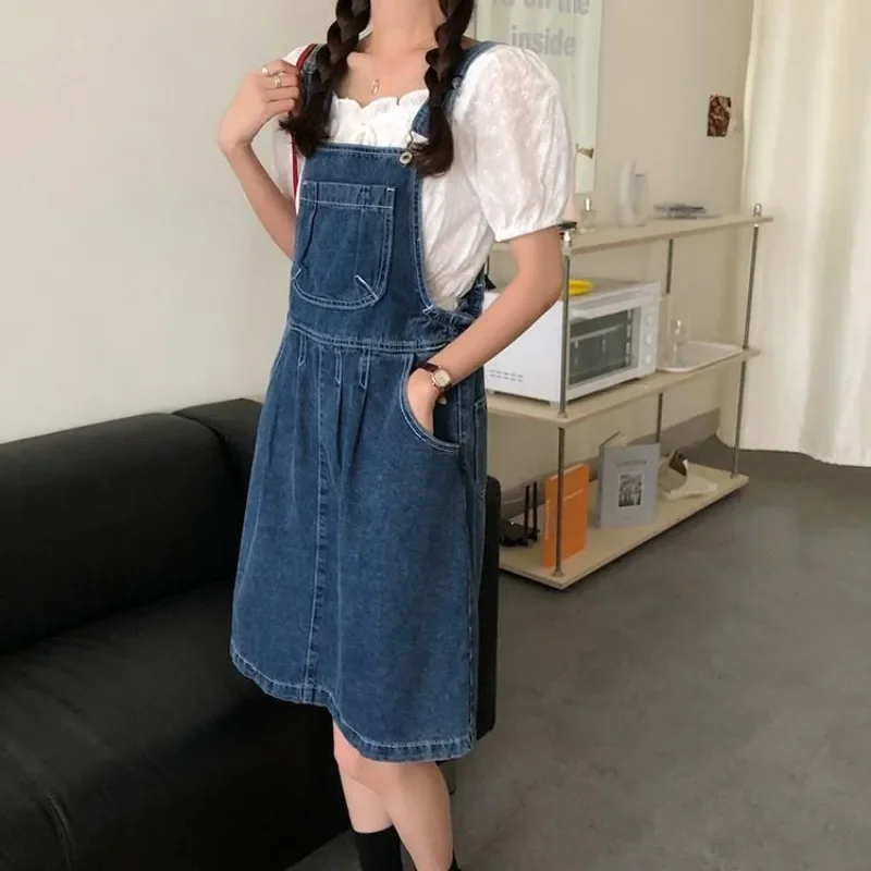 Denim Suspender Skirt Women Vintage Wash Blue A-line Casual Summer One-piece Korean  Strap Skirt Female B87