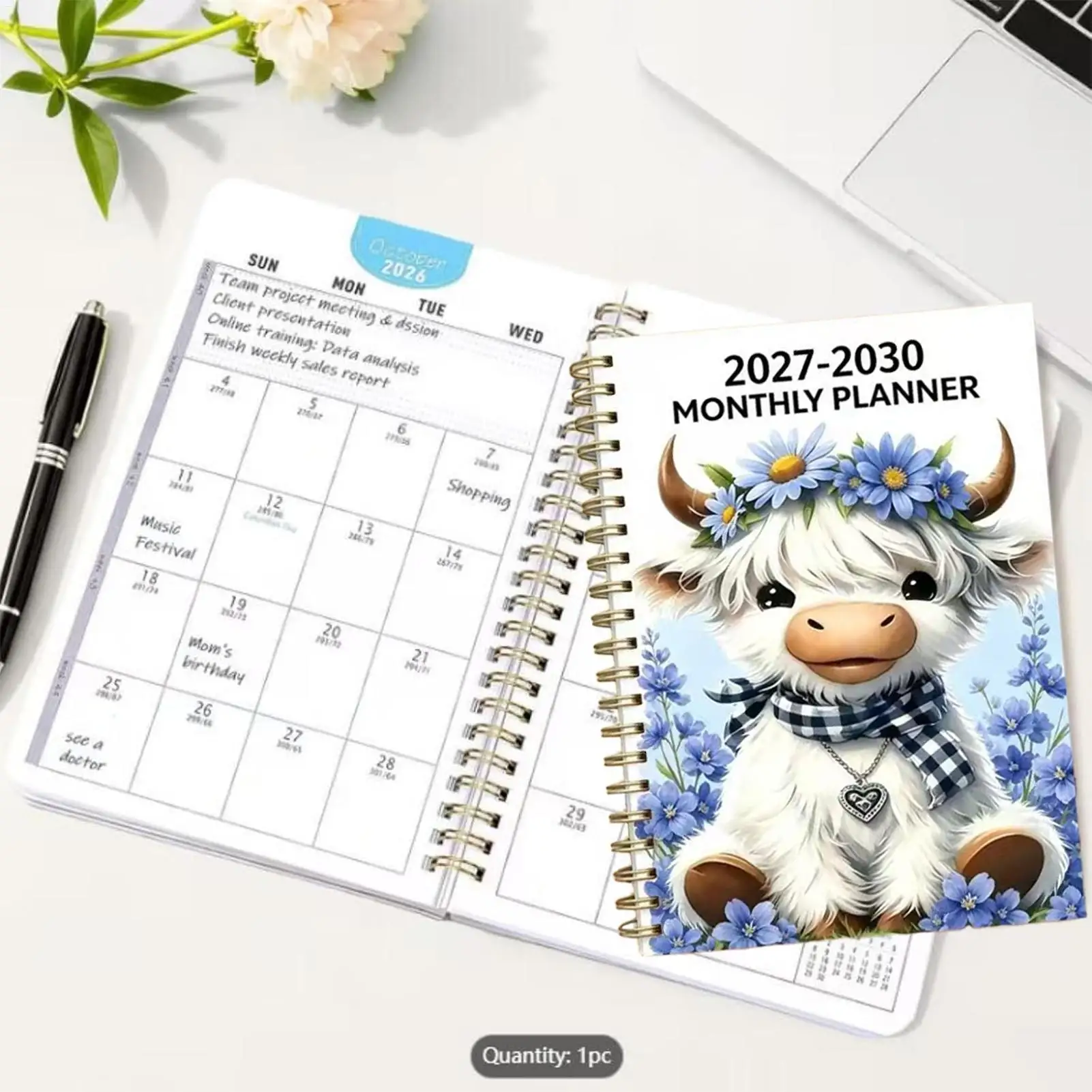 Yearly Planner 2027-2030 Cow Design Flexible Cover Diary Notebook 8.27x5.51inch Monthly Planner Calendar with Writing Space