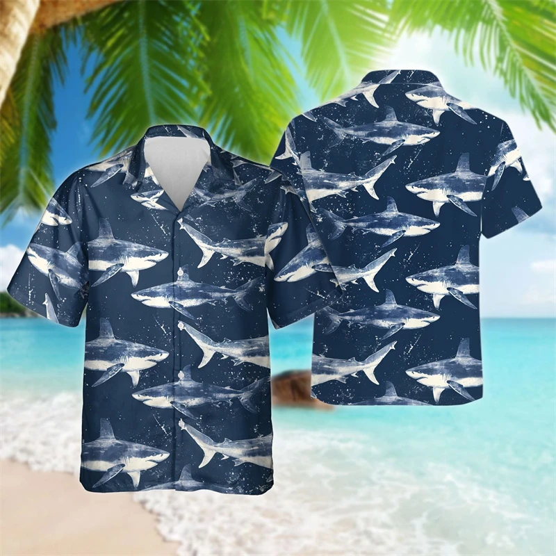 Fashion Shark 3D Printed Shirts For Men Clothes Hip Hop Male Streetwear Funny Animal Short Sleeve Sea Animal Lapel Blouse Tops