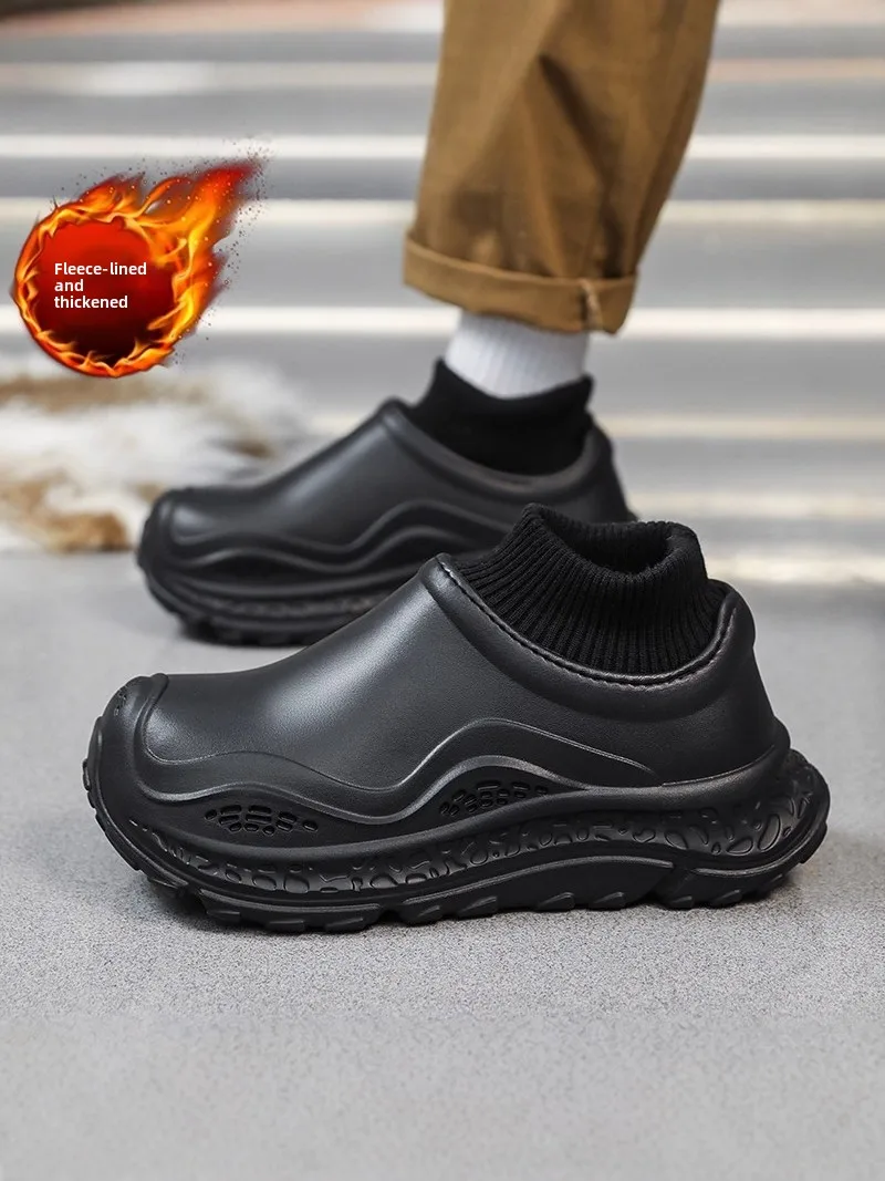 Men's Cotton Slippers Winter Thickened Warm Anti-slip Waterproof Black Chef Work Shoes Cold-proof Cotton Shoes EVA Inner Mate...