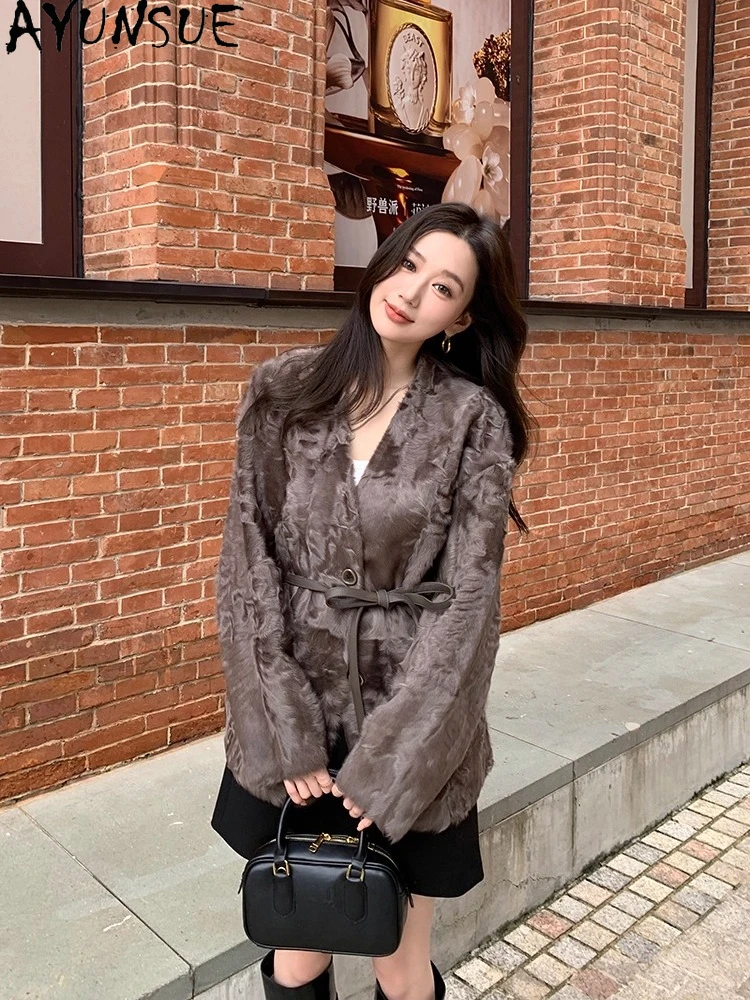 AYUNSUE 2025 양면 Shearling 자켓 여성 v 넥 천연 양모 럭셔리 자켓 여성 의류 느슨한 진짜 모피 자켓