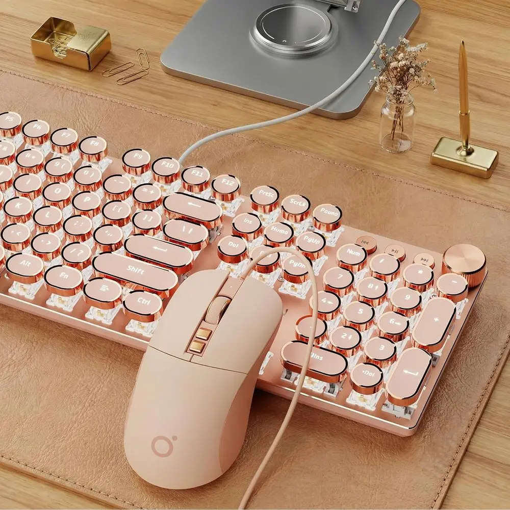 

Mechanical Typewriter-Style Keyboard and Mouse Set, 104-Key Backlit LED, Media Control, Wired for PC/Windows - Pink Switch