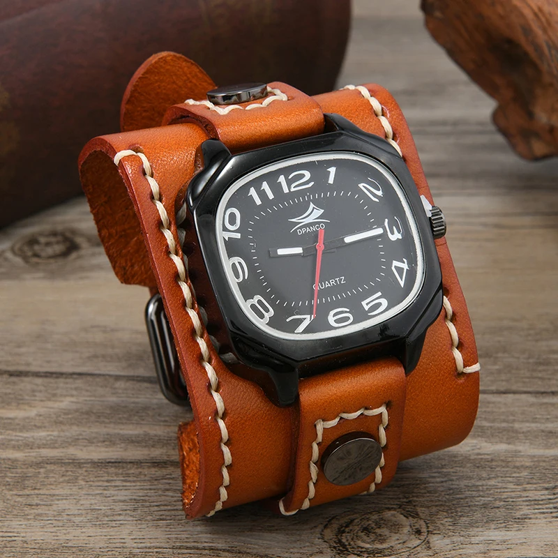 

Новые мужские кварцевые часы — ручная работа с широким двухслойным ремешком из натуральной кожи в стиле ретро и уникальным дизайном