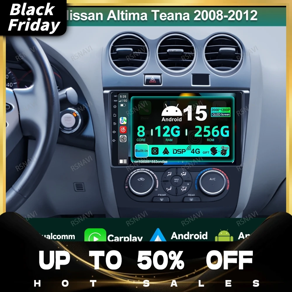 Android 15 Car Radio For Nissan Altima Teana 2008-2012 Wireless Carplay Auto 4G LTE Multimedia Qualcomm AI Voice Head Unit QLED