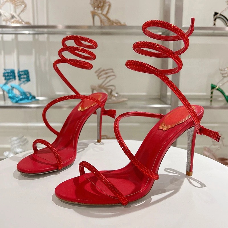 Sandalia Women Glisten Crystal Bow Decor Gladiator Snake Shaped Elastic Strap Thin Hight Heels Sandals Summer Party Dress Shoes image 5