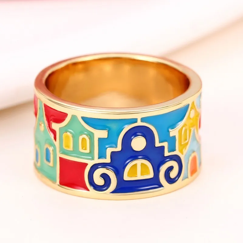 Huitan Newly Designed Enamel Rings for Women Houses Pattern Handmade Female Ring Temperament Finger Accessory Fancy Gift Jewelry