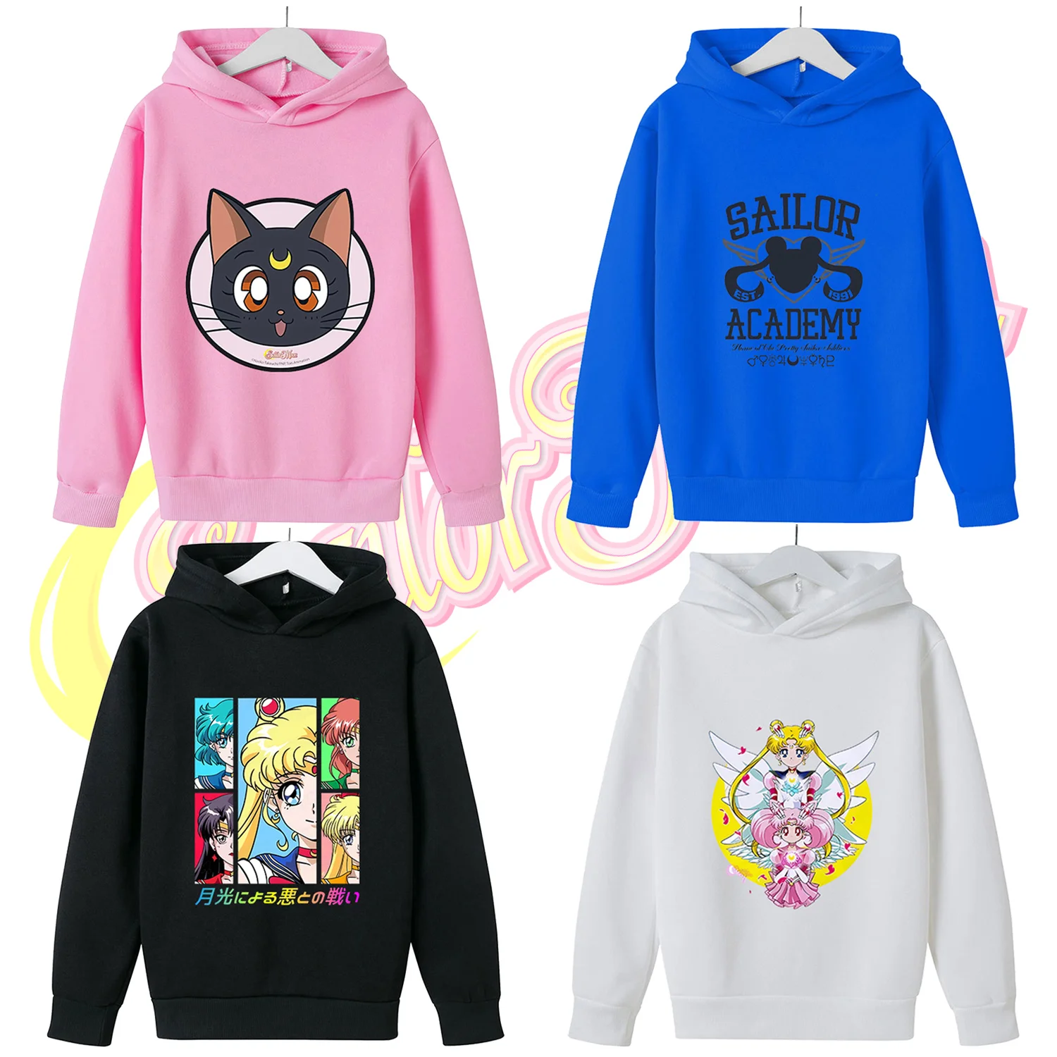 Sailor Moon Hoodie with Hat for Children Cartoon Printed Kawaii Sweatshirt Winter Spring Kid Clothing Long Sleeve Hooded Clothes