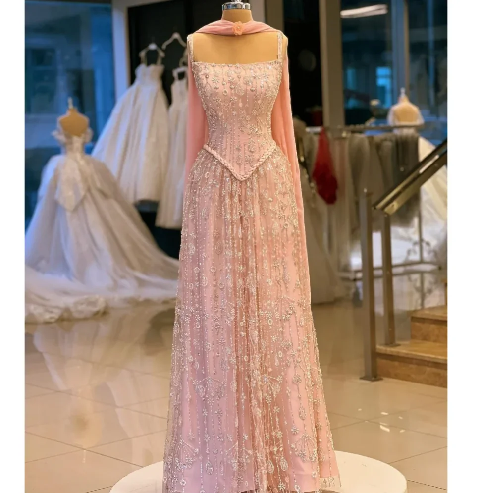 Customized Pink Evening Dresses High Quality Prom Dresses Dubai Beading Strapless vestidos de gala Saudi Arabia Wedding Party