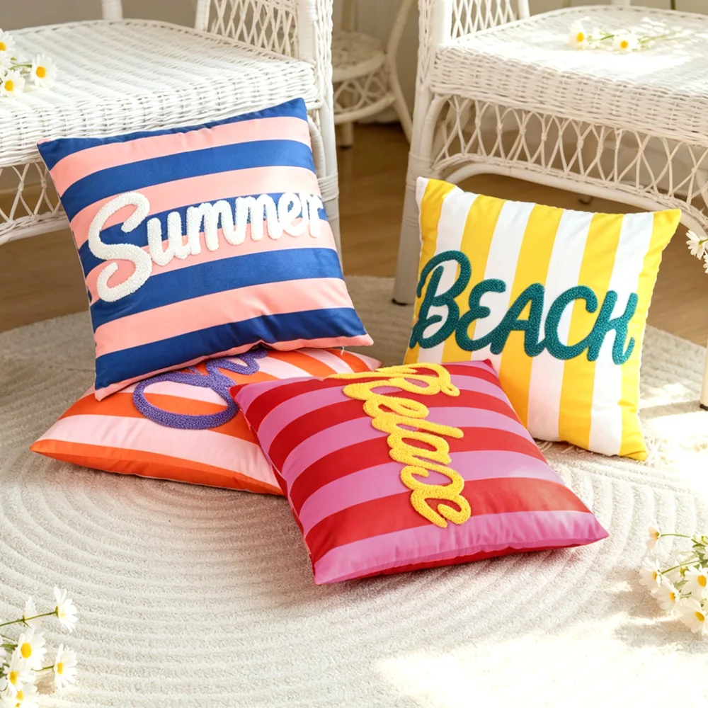 

Aesthetic Colorful Striped Cushion Cover Towel Embroidered Letters Soft Velvet Summer Throw Pillow Cover for Sofa Home Decor