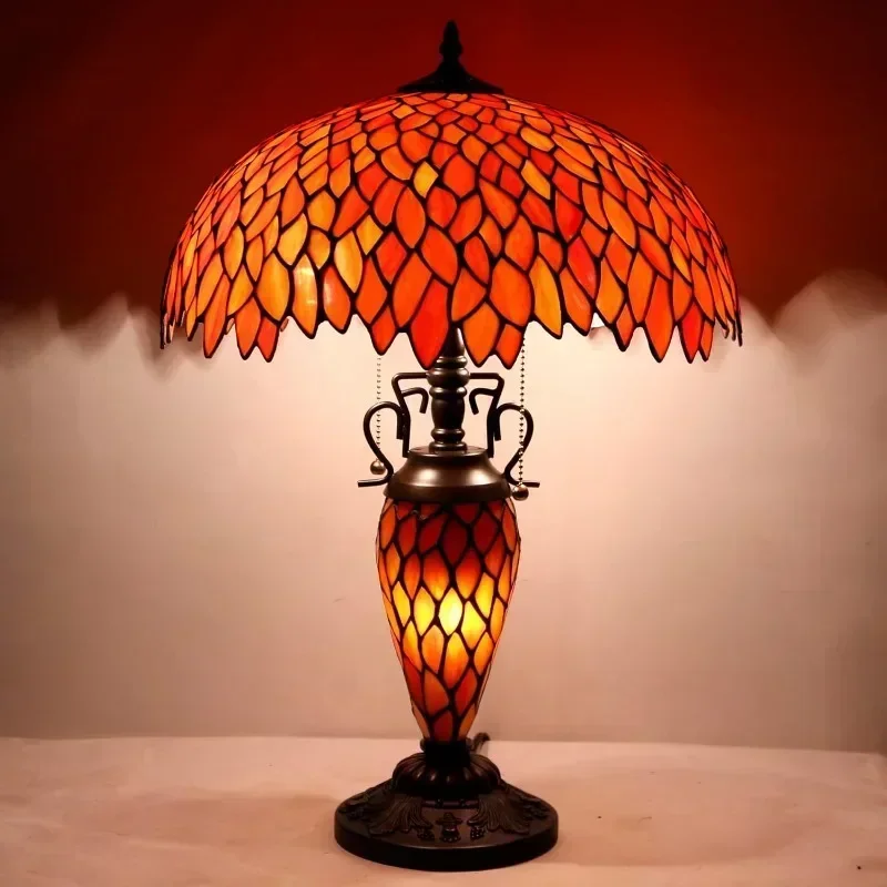 Table Lamp Red Stained Glass Wisteria Mother and Daughter Vase Lamp Antique Desk Reading Lamp Decoration Bedroom Living Room