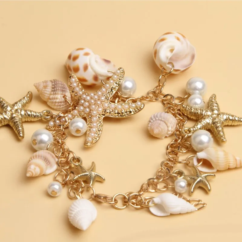 Women Beach Bracelet Cute Adjustable Gold Plated Ocean Faux Pearl Shell Starfish Link Chain Beach Bracelet