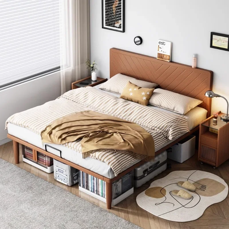 Solid wood bed double bed modern simple master and second bedroom storage can be customized ultra-thin bedside high foot flush e