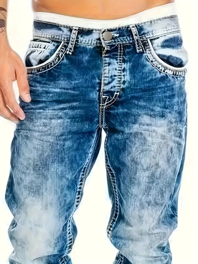 الجينز الأوروبي الأمريكي الرجال الخريف جديد سليم السراويل المرنة المألوف خمر غسل الدنيم السراويل الذكور الشارع الشهير