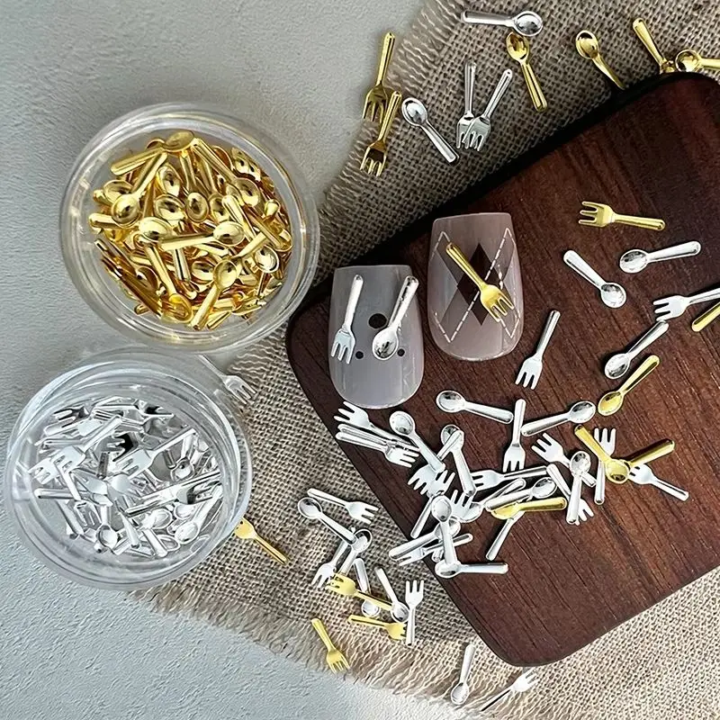 50Pcs Mini Spoon Fork Nail Art Charms Gold Plated Tiny 3D Tableware Alloy Nail Ornaments Luxury Metal Parts DIY Manicure Craft *