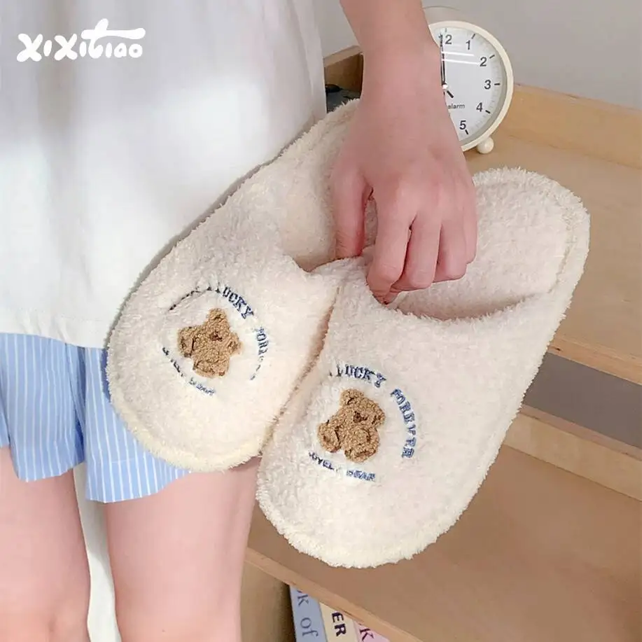 

Women Home Slippers Cute Bear Couple Slippers 2025 Winter Anti Slip Thick Soled Warm Indoor Household Plush Cotton Slippers