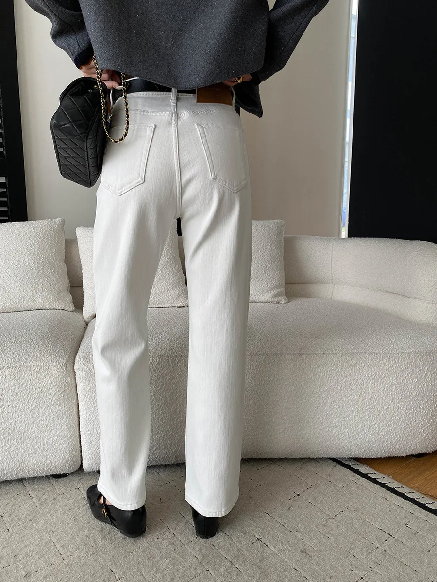 Celana jeans wanita kasual warna polos pinggang tinggi potongan lurus ramping dan berbulu halus