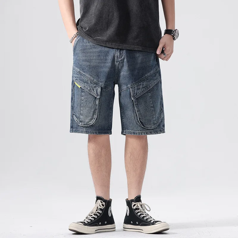

Summer men's loose denim shorts high-quality light luxury simple and nostalgic cargo pants men wide leg jeans baggy short jeans