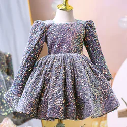 Puffy Princess Dress for Girls Sequin Purple Kids Dresses Children Clothing Girl Wedding Party 8 14 Years Elegant Catwalk Show