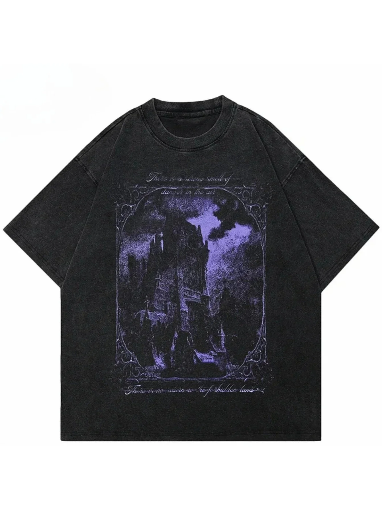 Hip Hop T-Shirt Washed Black Streetwear Vintage Purple Graphic Horror Castle Tops Tees Unisex Y2K